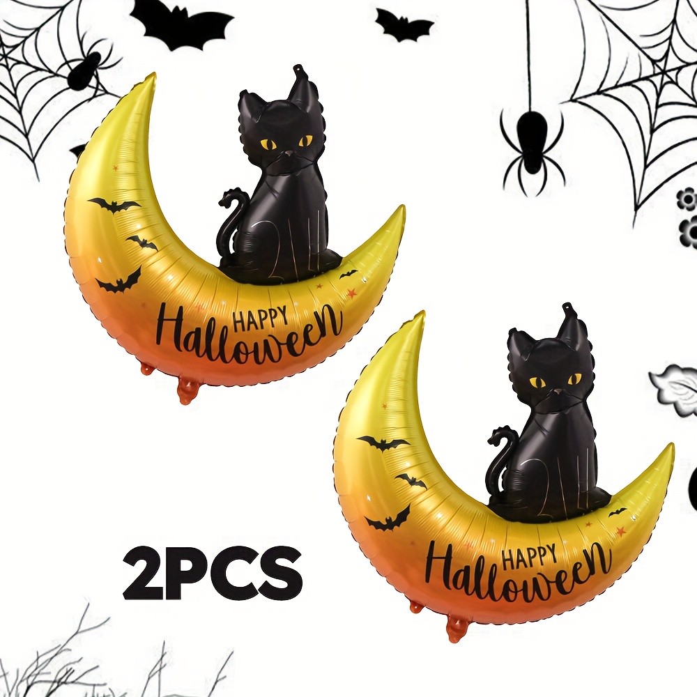 Image of 2pcs Black Cat Moon Balloons, Happy For Halloween Foil Balloons, For Halloween Part Decoration, Gathering Party Decor Supplies Favors, For Christmas
