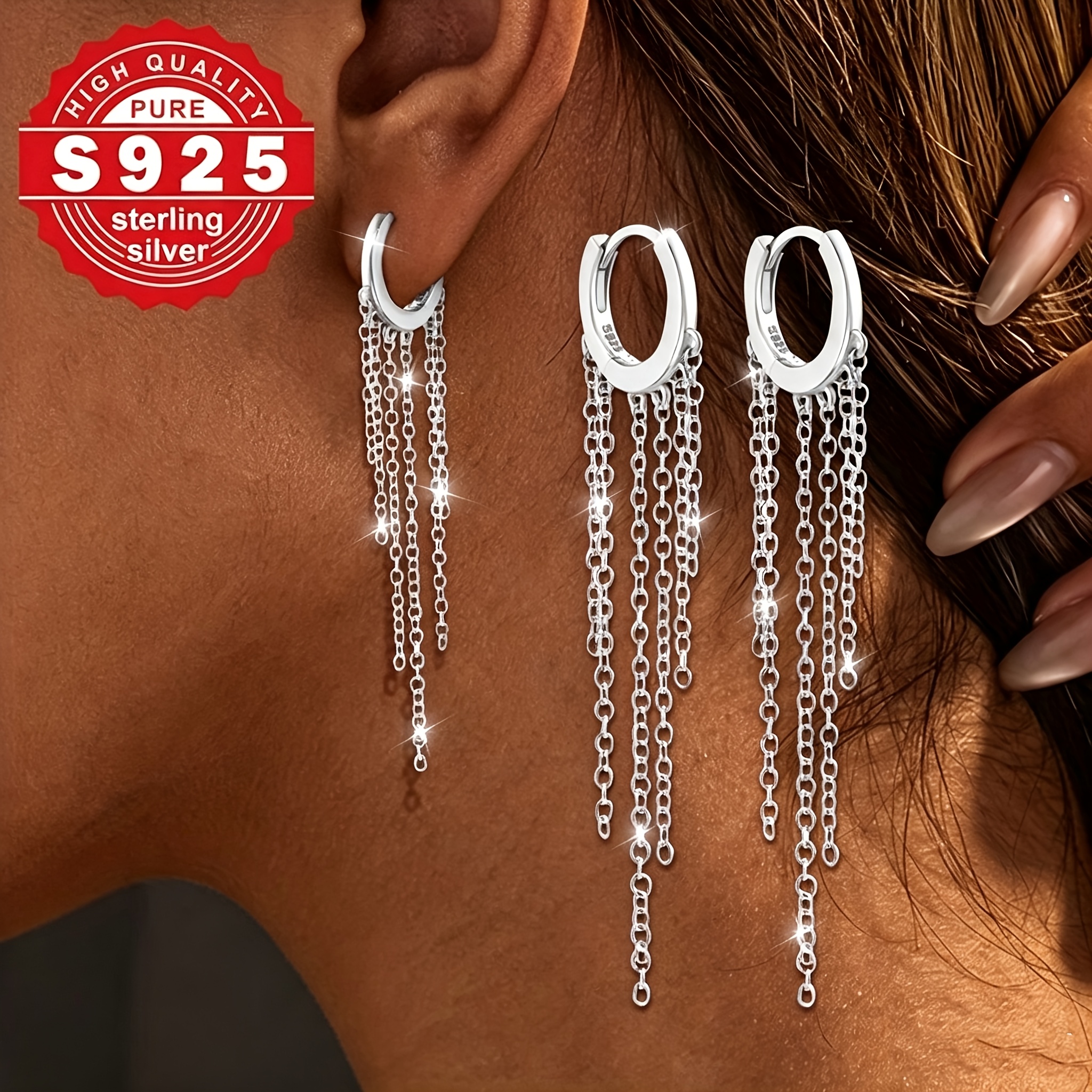 Women's S925 Silver Chain Tassel Design Earrings, Sparkling
