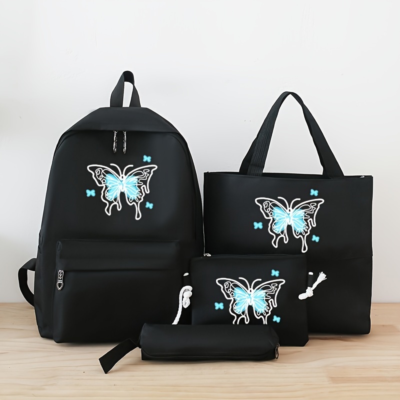 

Ensemble de sac à dos Oxford pour femmes avec appliqué de papillon d'anime, sac léger à animal noir avec sangles ajustables, fermeture éclair et doublure en polyester - Ne pas laver