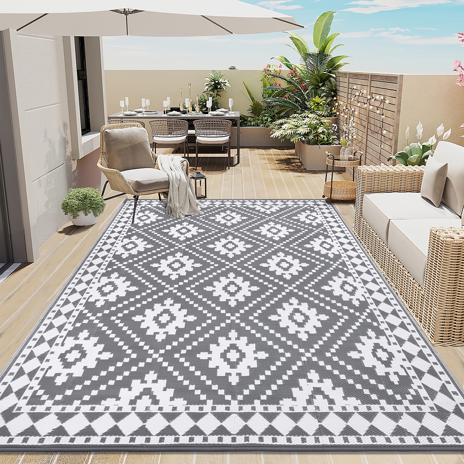 Image of Large Outdoor Rug 150 X 240 Cm, Reversible Made Of Plastic Straw, Campervan Mat, Indoor And Outdoor Rug For Patio, Camping Balcony Porch Garden, Grey