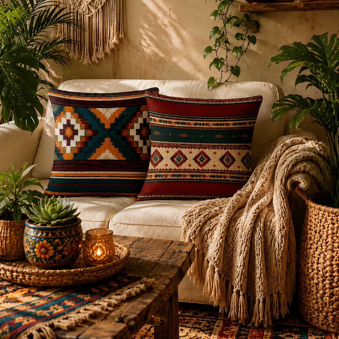 TEMU 2pcs Mexican Tribal Aztec Throw Pillow Covers 17.72 X 17.72 Inches, Southwestern Geometric Striped Boho Cushion Covers For Sofa Patio Home