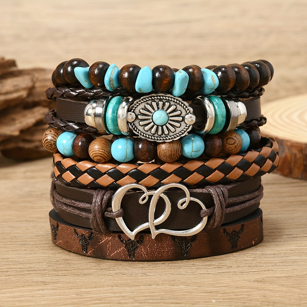 

6pcs/set Vintage Minimalist Wooden Bead Crushed Stone Leather Turquoise Hand Woven Bracelet For Men.