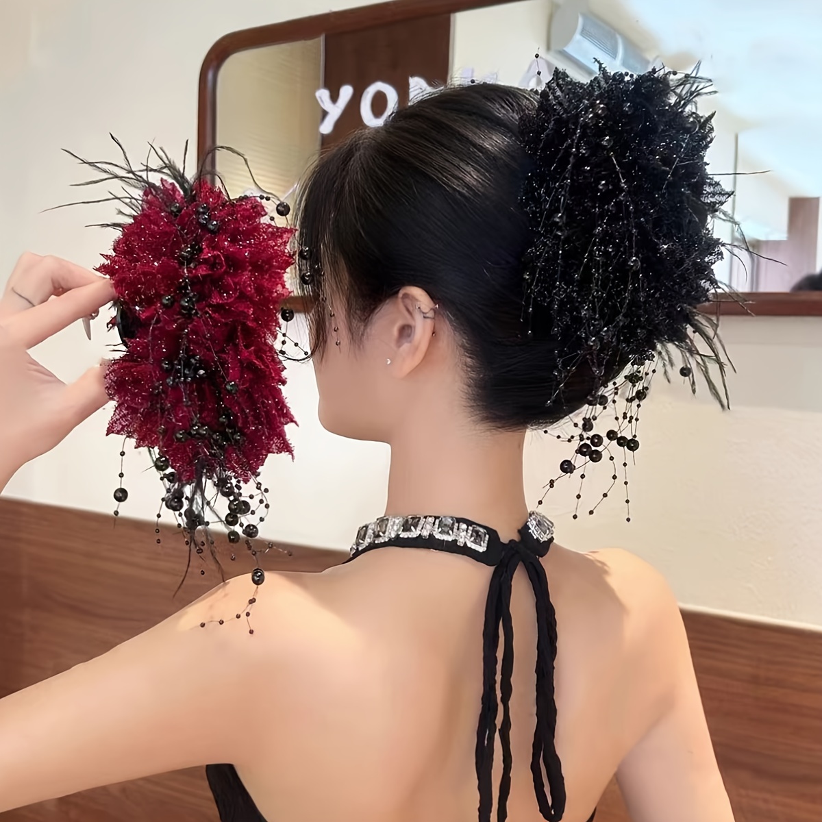 

1pc Elegant Floral Tassel Hair Clip For Teens, Mixed Color Mesh Shark Claw Clip, Hair Accessory For & Stage Performances, Christmas