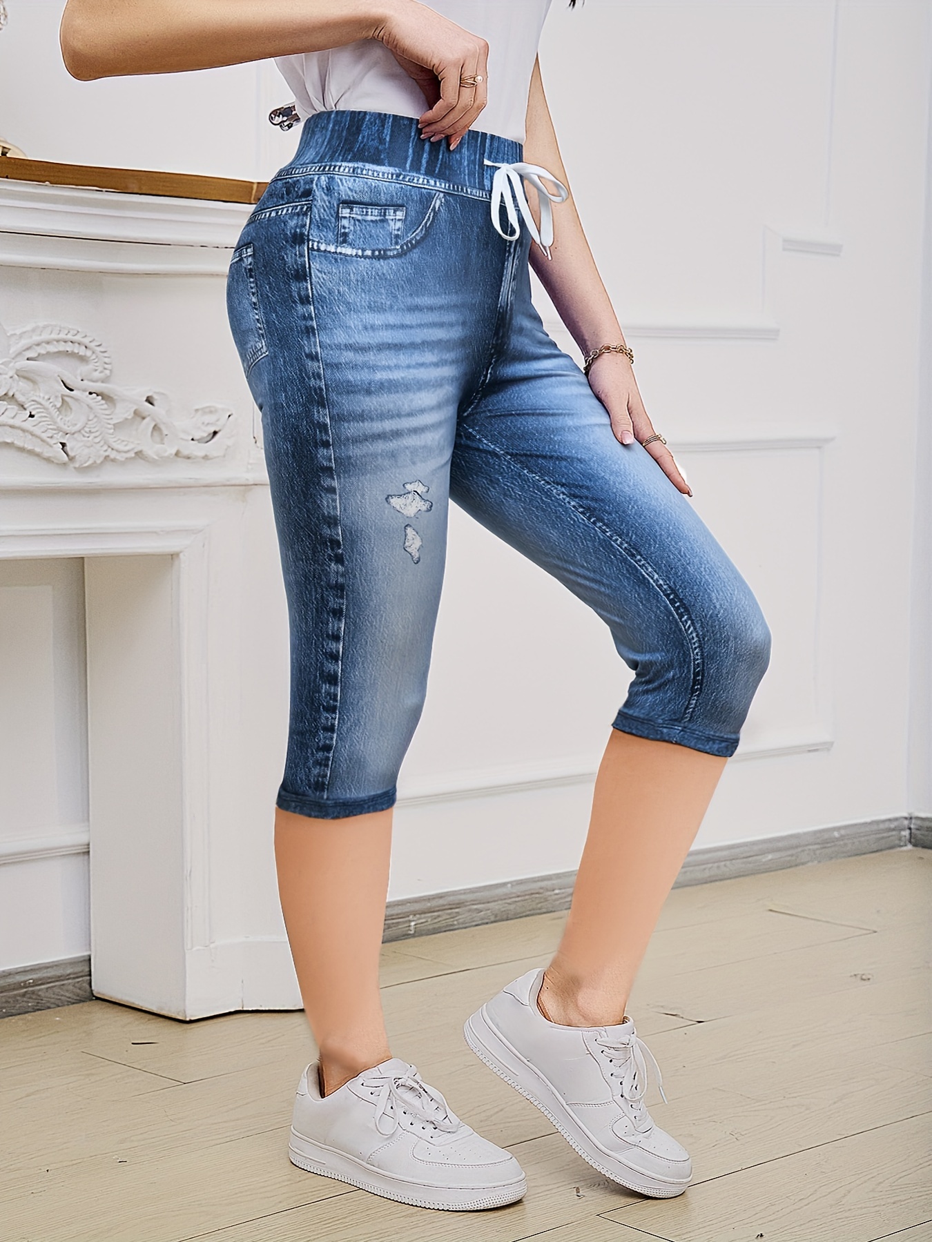 QUYUON Plus Size Womens Capris Fashion Plus Size Solid Button Zipper Casual  Pants Calf-Length Trousers Capris Jeans Stretch Female Capris Style Q42 