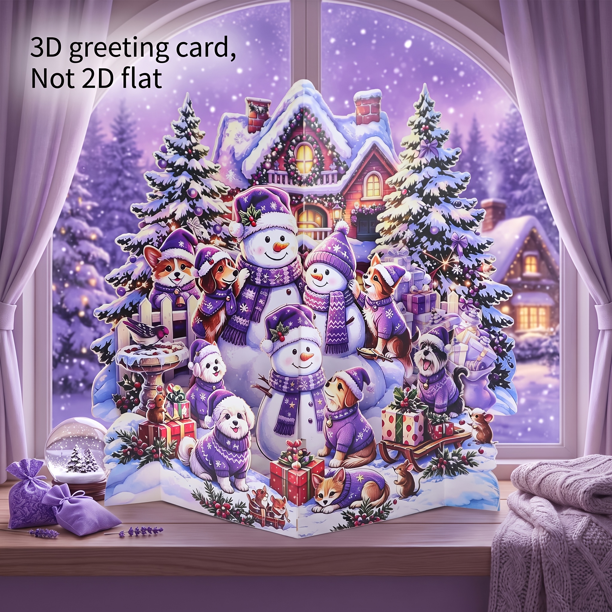 TEMU Purple Snowman Family Christmas 3d Pop-up Greeting Card, Featuring Adorable Knitted Sweater Dogs, Corgis, Dachshunds, Puppies, Foxes, Mice, And