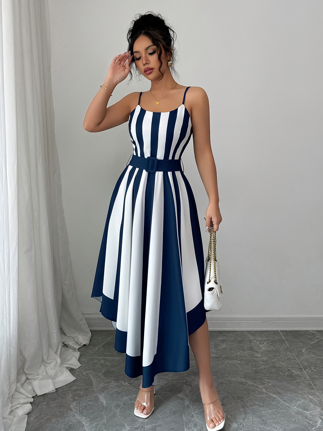 knee length dresses for ladies Make You Happy Blue Striped Midi Dress – Shop the Mint main image 0