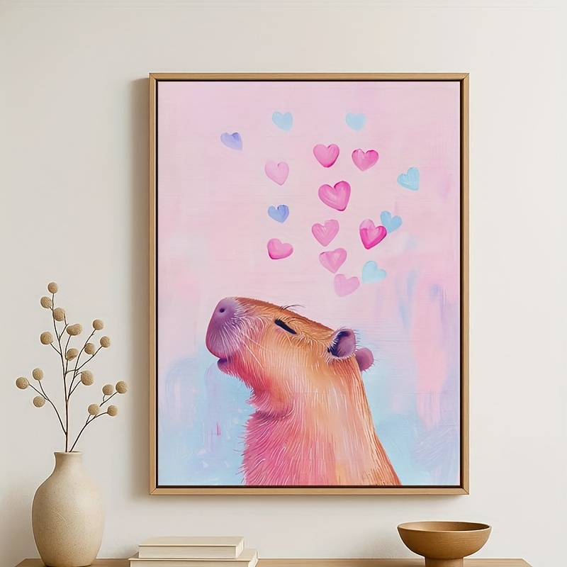 TEMU 2d Flat, 2d Flat 1pc Frameless, Capybara Pink Series Painting, Happy Capybara Animal Portrait, Pastel Art, For A Pretty Girl's Room, Valentine's