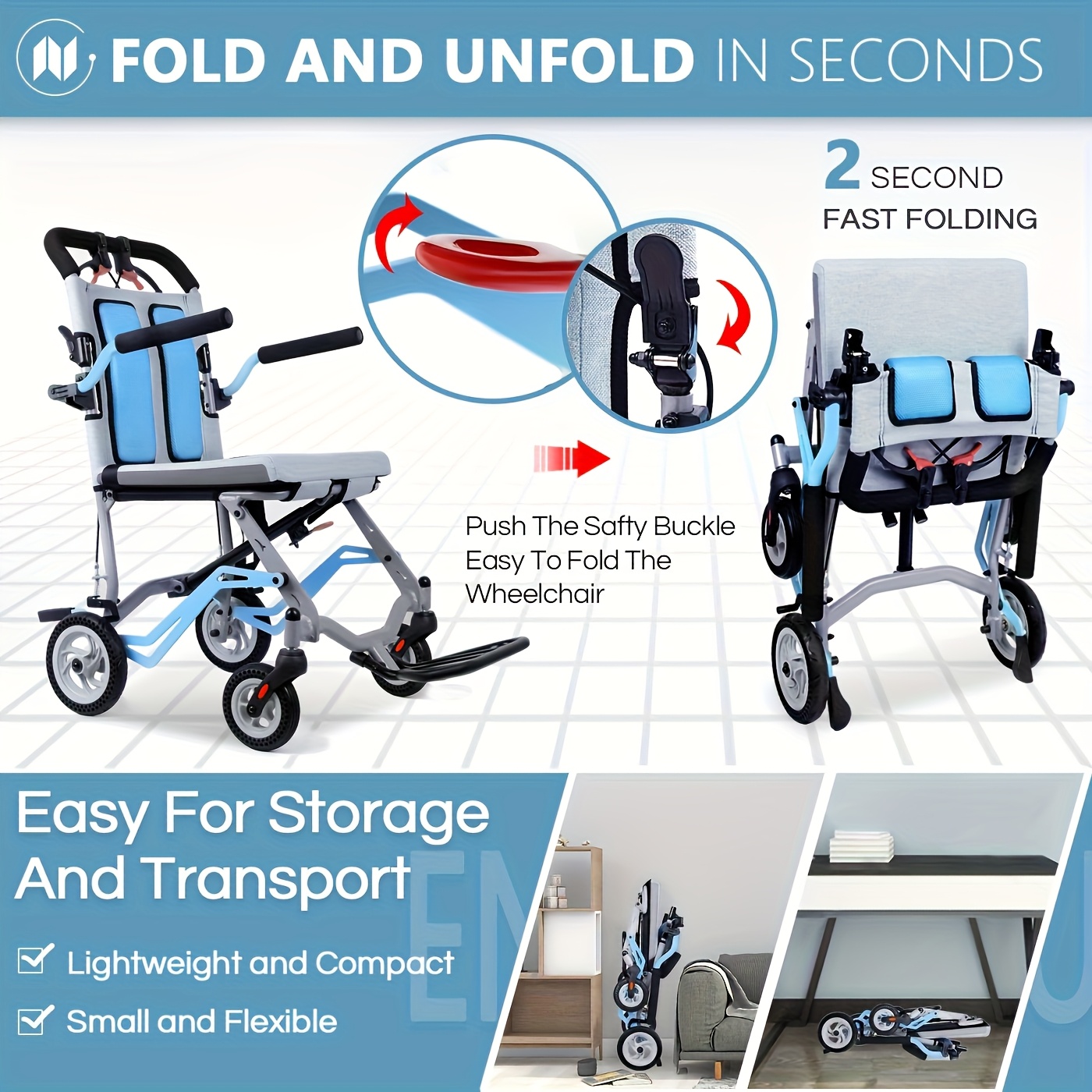 WEYRAL 12kg Folding Light Wheelchair | Telescopic Handle, Oversized Backpack & Travel Bag, Decubitus Pad, Ultra Light, Foldable, Collapsible for Transport - Image 7