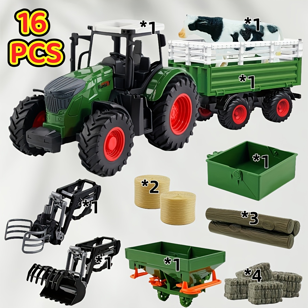 Image of This 16pcs Deluxe Farm Set Includes A Tractor With A Cow-carrying Tail, Tractor Additions, And Realistic And Grass Pellets. A Luxurious Toy, Perfect For Family Games, Parties