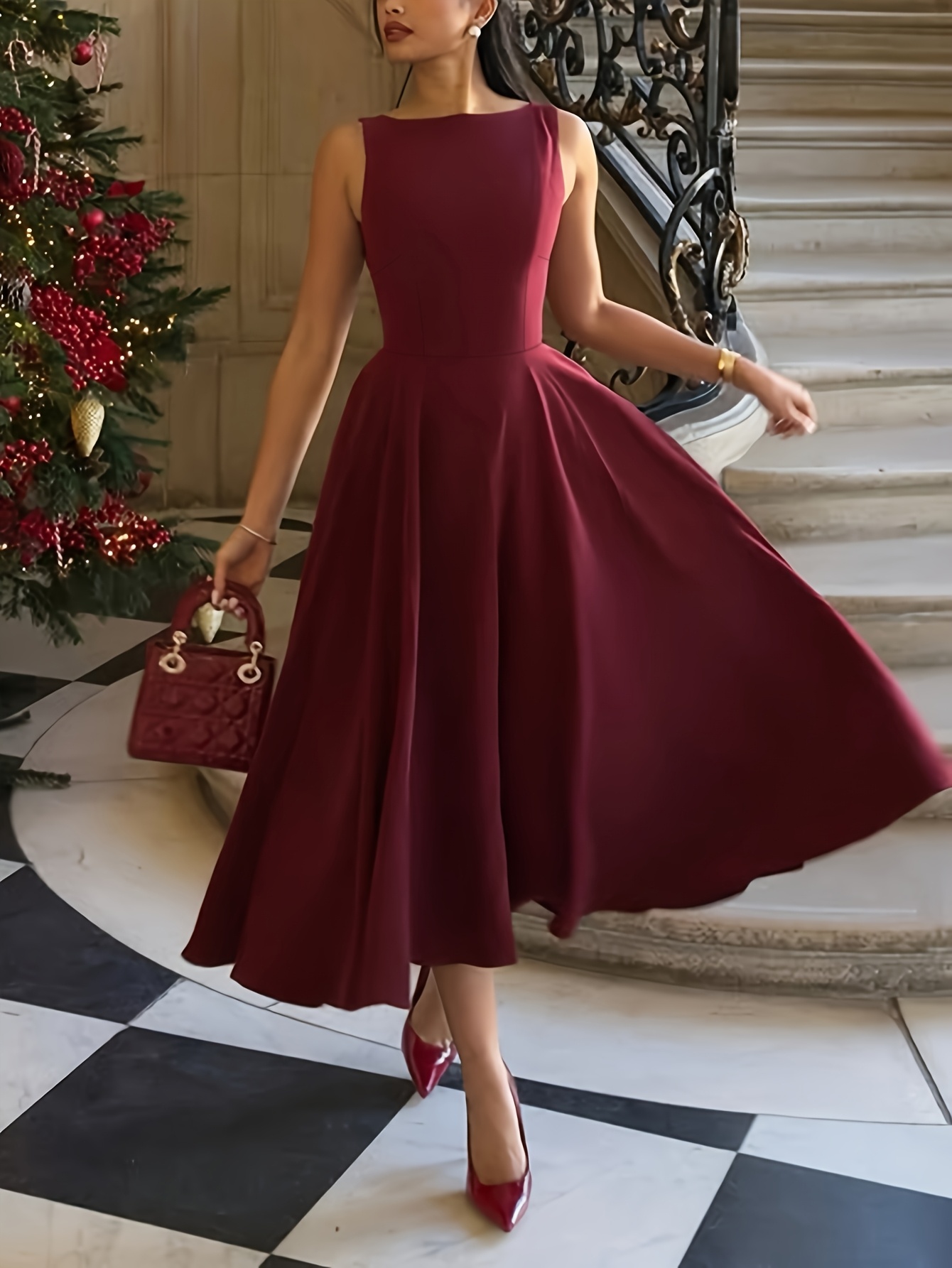 slim fit dress slacks Burgundy Satin Tiered Maxi Dress for Women main image 1