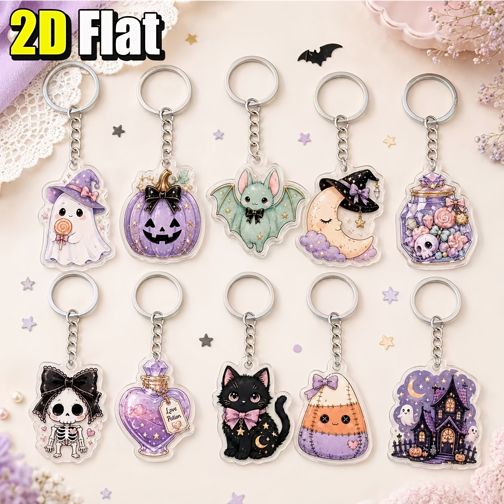 TEMU 2d , 10pcs Set Of Cute Pastel Halloween Acrylic Keychains, Including Pumpkin, Bat, Moon, Black Cat, Skull, Haunted House Designs, Purple Horror