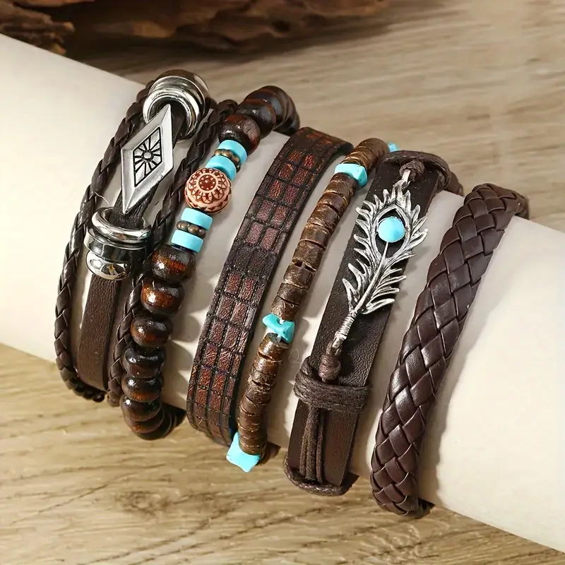 24pcs conjunto de pulseras bohemias de cuero sintético y , trenzado multilayer con plumas y charms florales, joyería de moda unisex para uso 7