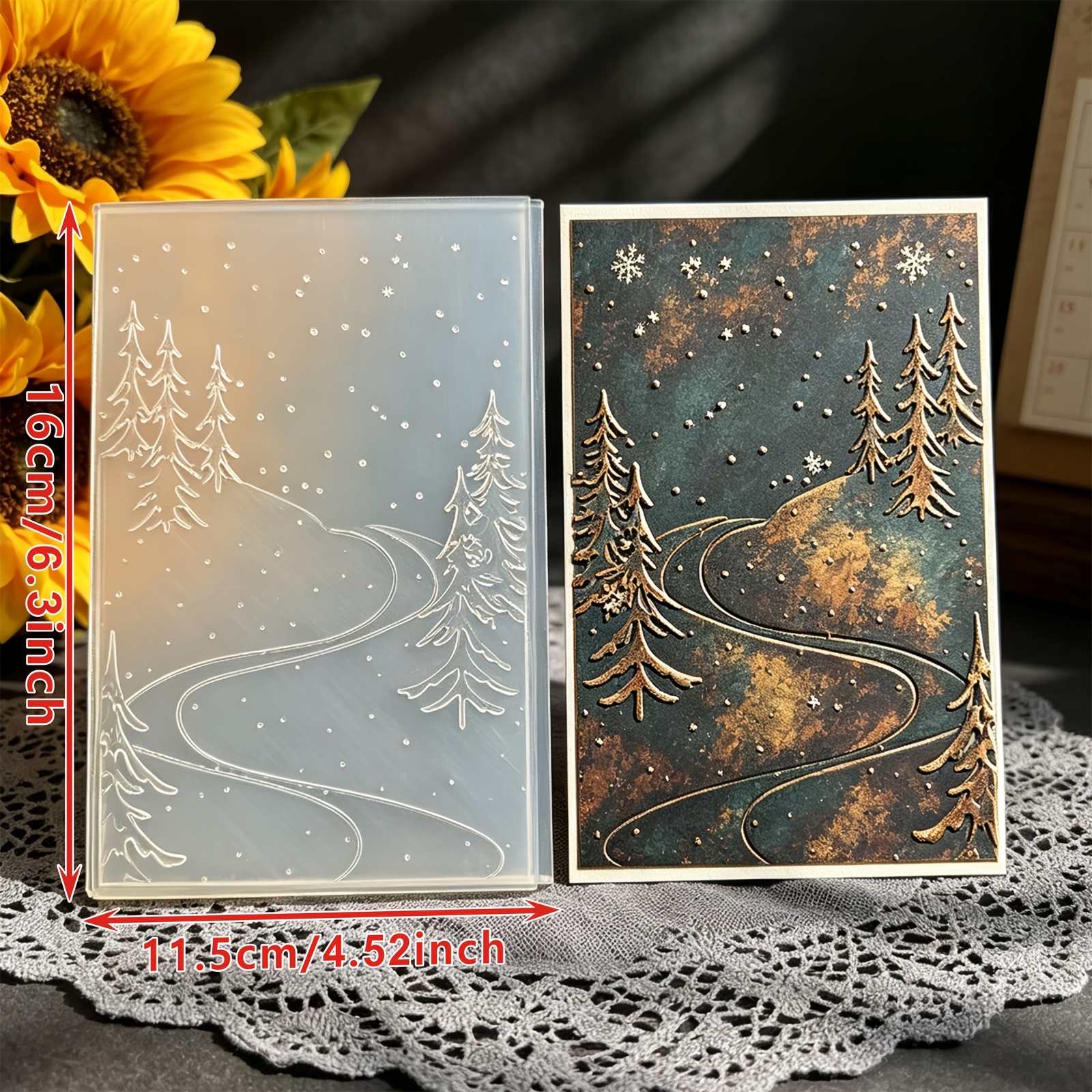 TEMU Outil compatible pour le scrapbooking et la création de cartes - Gabarit de gaufrage forêt de pins enneigés avec 3 pochoirs en , machine de