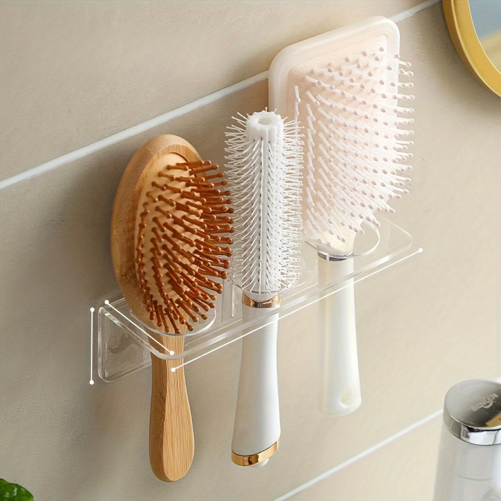 

Acrylic Bathroom Hairbrush Holder, Wall-mounted No-drill Storage Rack For Vanity, Clear Transparent Organizer For Hairbrushes And Toiletries, No Electricity Needed - 1 Piece