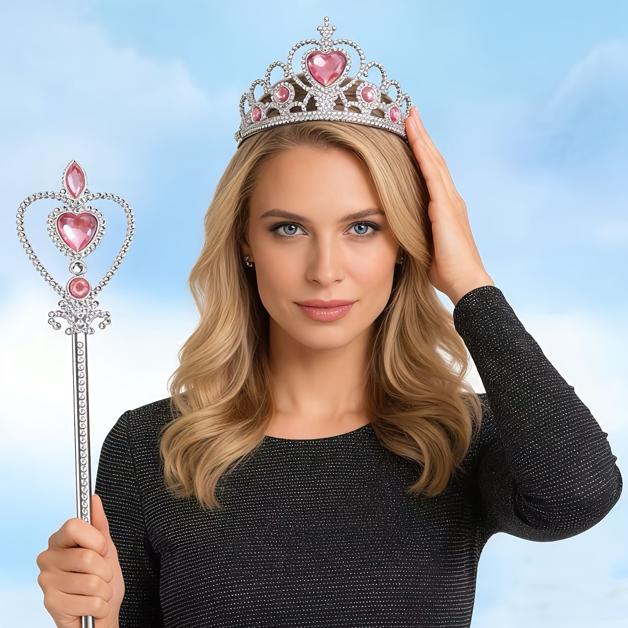 4pcs Pink and Blue Heart Rhinestone Crown Wand Set