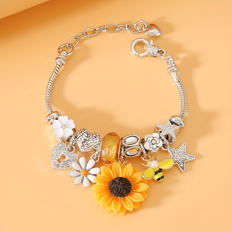 TEMU A Bohemian Style Adjustable Bracelet With Sunflower, Bee, Flower, Star, And Heart Shapes, Suitable For Daily Wear, Parties, Festivals, And The