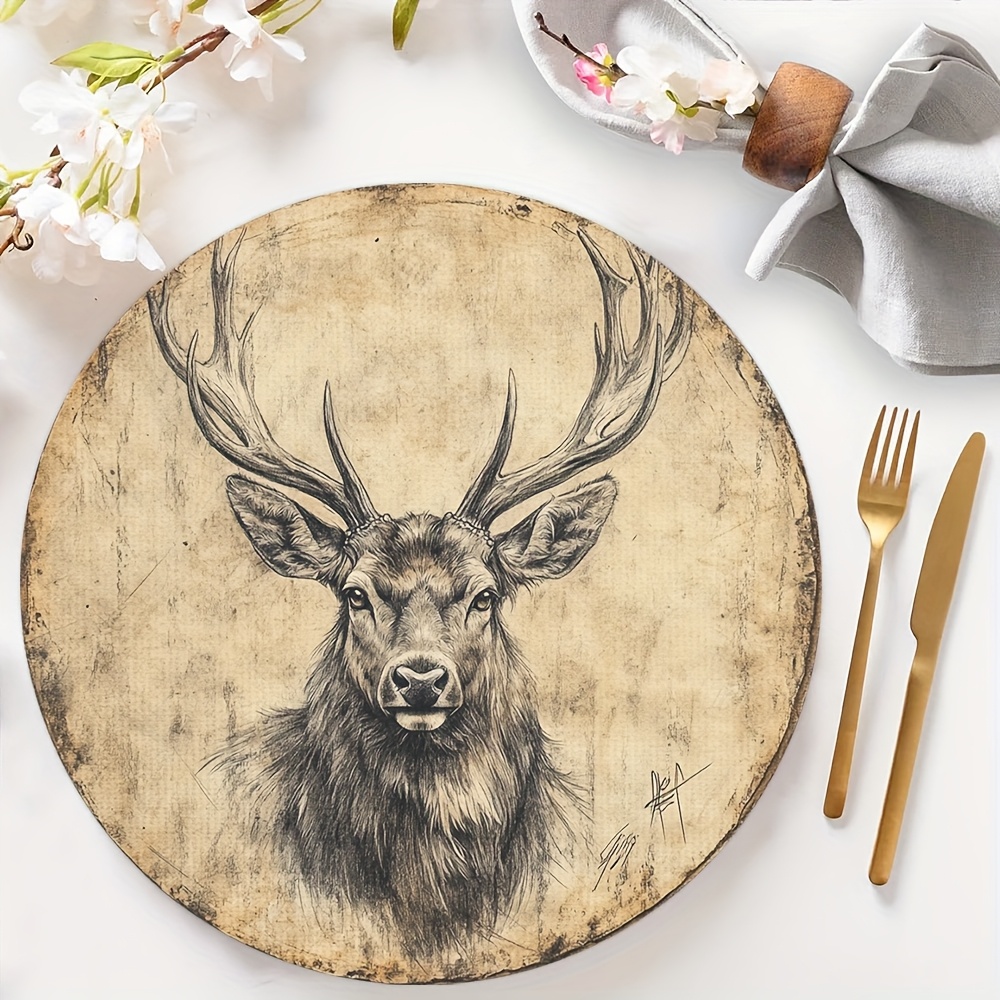 Image of 4pcs Deer Depicted Placemat 15x15in/38x38cm Washable Table Mats For Dining Table Kitchen Festive Gatherings Home Decoration Perfect For Dining Room Table