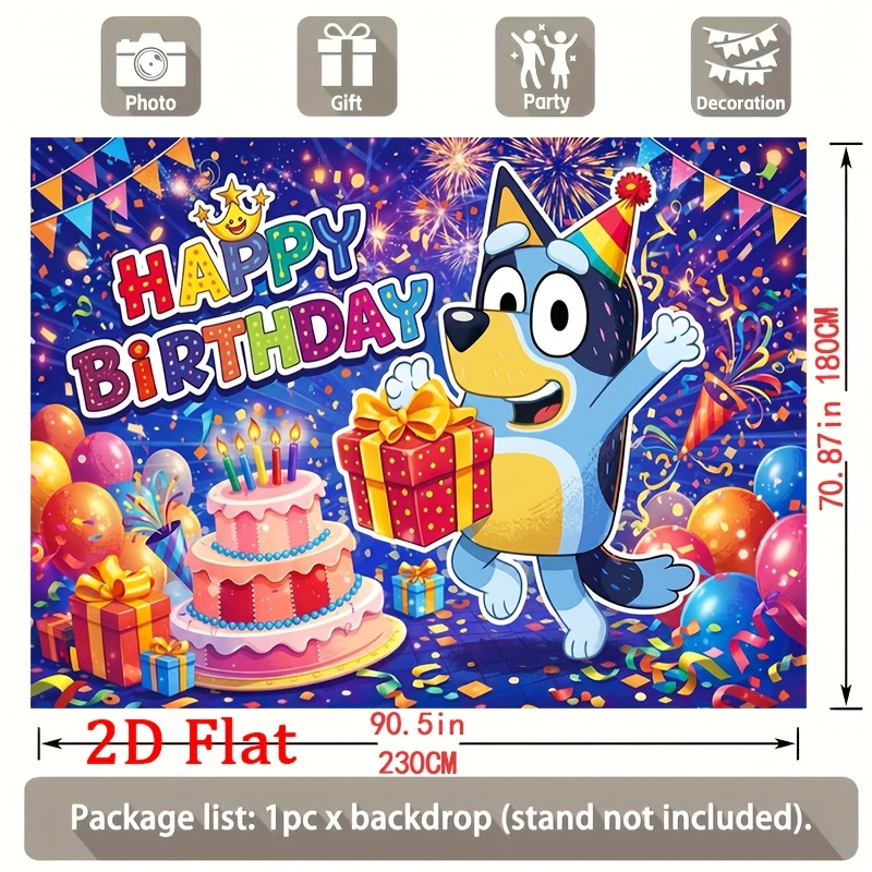 TEMU 2D Flat - 2D Flat - 1 pz Cane Cartone Animato Vivace con Cappello da Festa e Scatola Regalo | Scritta Festiva "" con Palloncini, Torta, e