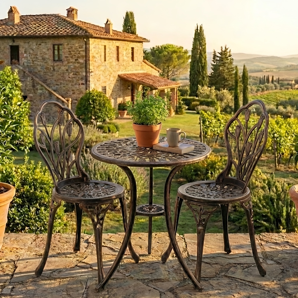 Image of 3pcs Vintage Cast Aluminum Set, Weather-resistant Bronze End, Round Outdoor Table With 2 Floral Carved Chairs, Perfect For Garden, Patio, Backyard And Small Spaces