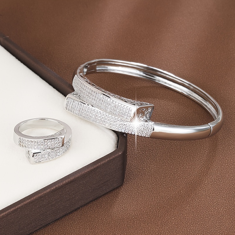 Geometric Symmetry Zirconia Women's Bracelet Ring Set
