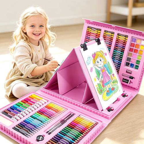 artikel foto 208-delige kunstset, kunstbenodigdheden met dubbelzijdige drielvingelige schildersezel, inclusief oliepastellen, krijtjes, kleurpotloden en aquarelverfstiften, ideaal voor beginners en kunstenaars, perfect cadeau.