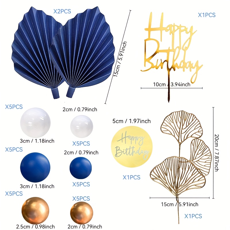35pcs Of Blue-white- Decoration Balls With Leaves And Bohemian Style Birthday Cake Decorations, Suitable For Birthday And Bohemian Wedding (blue-white-golden) Cake Decorations,halloween, Christmas