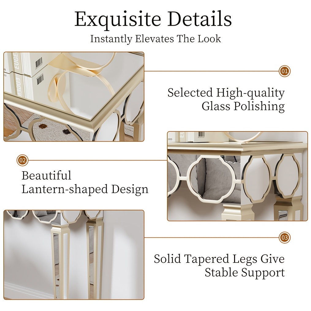 AESOME Luxury Elegant Mirrored Console Table 47.24 Rectangular Silver Mirrored Entryway Table Lantern-Shape Pattern Decor with Golden Rim Legs Sofa Side Tables Long Hallway Table for Foyer, Entrance, Offices Decor
