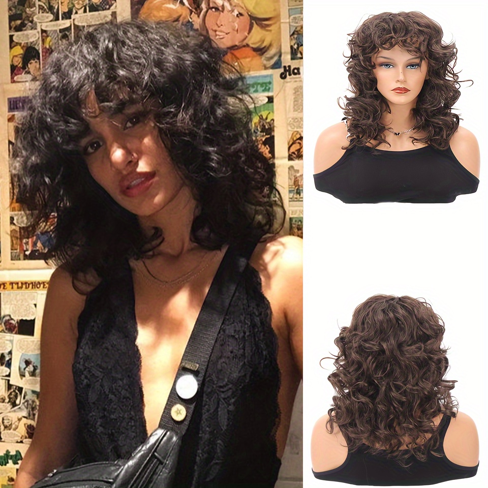 16 Inch Curly Wigs With Bangs For Women Black Brown Curly Shag Synthetic Hair Replacement Wig For Daily Use Party Cosplay