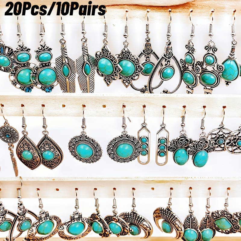 TEMU 20 Vintage Bohemian Earrings Featuring Turquoise, Floral, Feather And Heart-shaped Teardrop Pendants Suitable For Everyday Wear, Holiday Parties