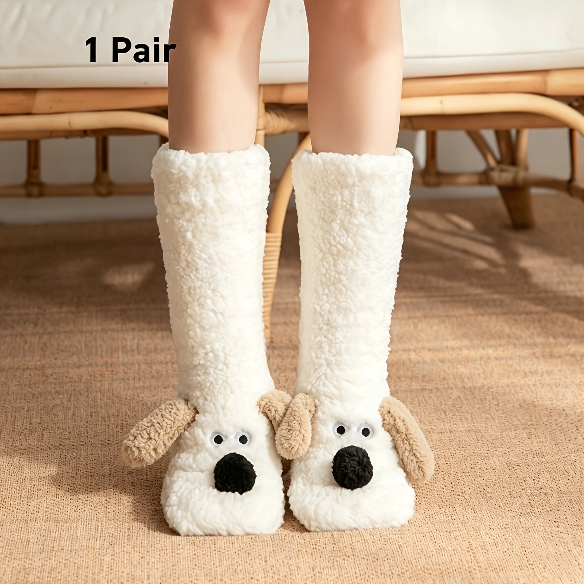 TEMU 1 Pair Cute Ear Puppy Floor Socks, Cartoon Animal Plush Socks, Warm Comfortable Indoor Winter Casual Sleeping Socks, Suitable For Women
