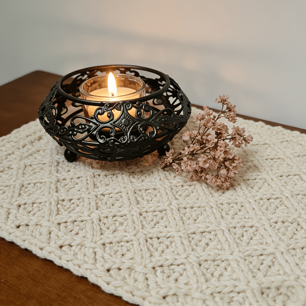 TEMU Elegant Black Metal Candle Holder With Amber Glass, A Vintage Decorative Piece, Suitable For Weddings And Home Decor.