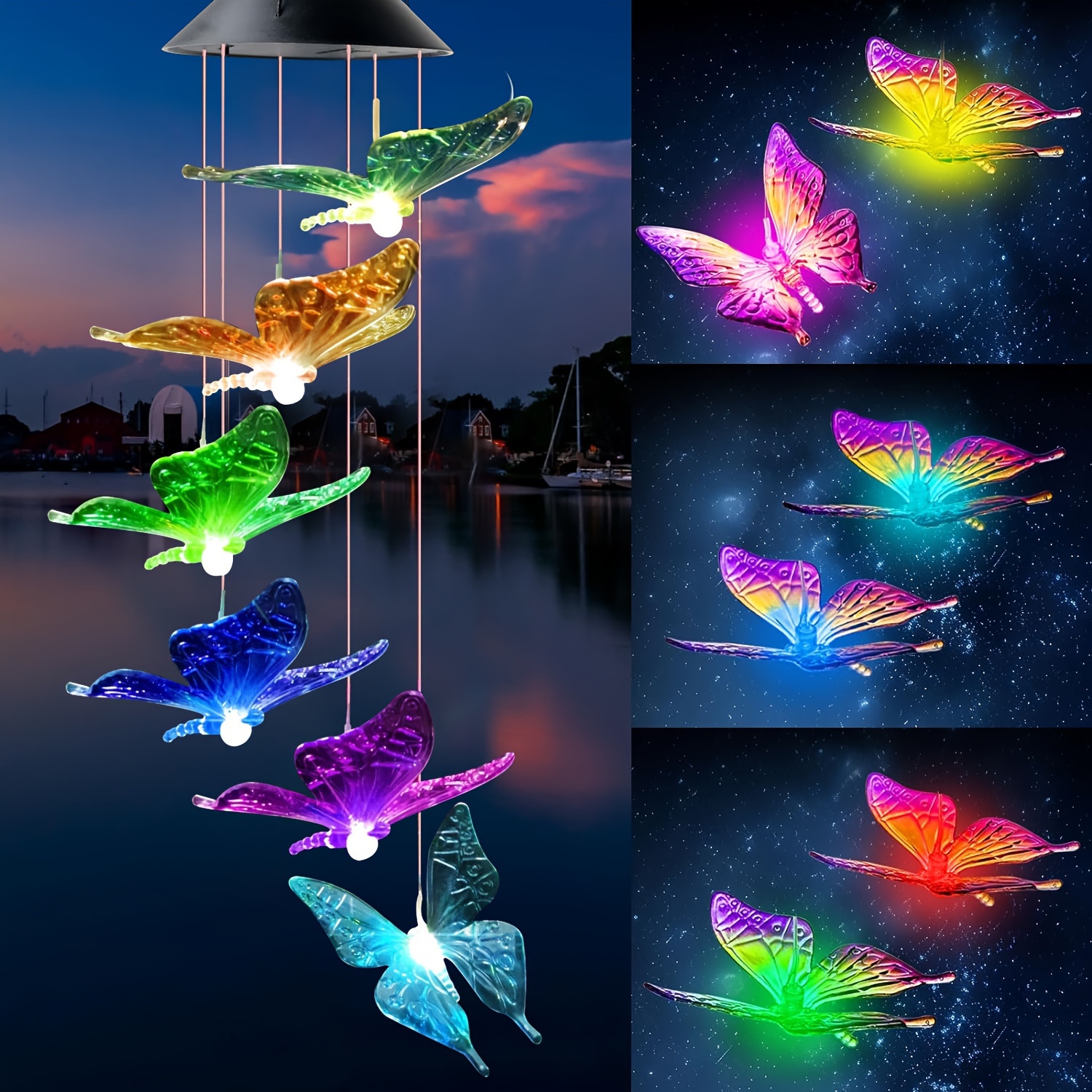 

1pc Butterfly Solar Wind Chime Outdoor, Color Changing 6led Lighted Wind Chime, Waterproof Mobile Wind Chime, Solar Powered Colorful Butterfly Light For Home Party Yard Garden