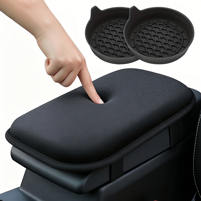 TEMU 1pc Black Thickened Car Armrest Cushion - Center Console Heightening Thickened , Suitable For Vehicle , Relaxing , , With 2pcs Silicone Car