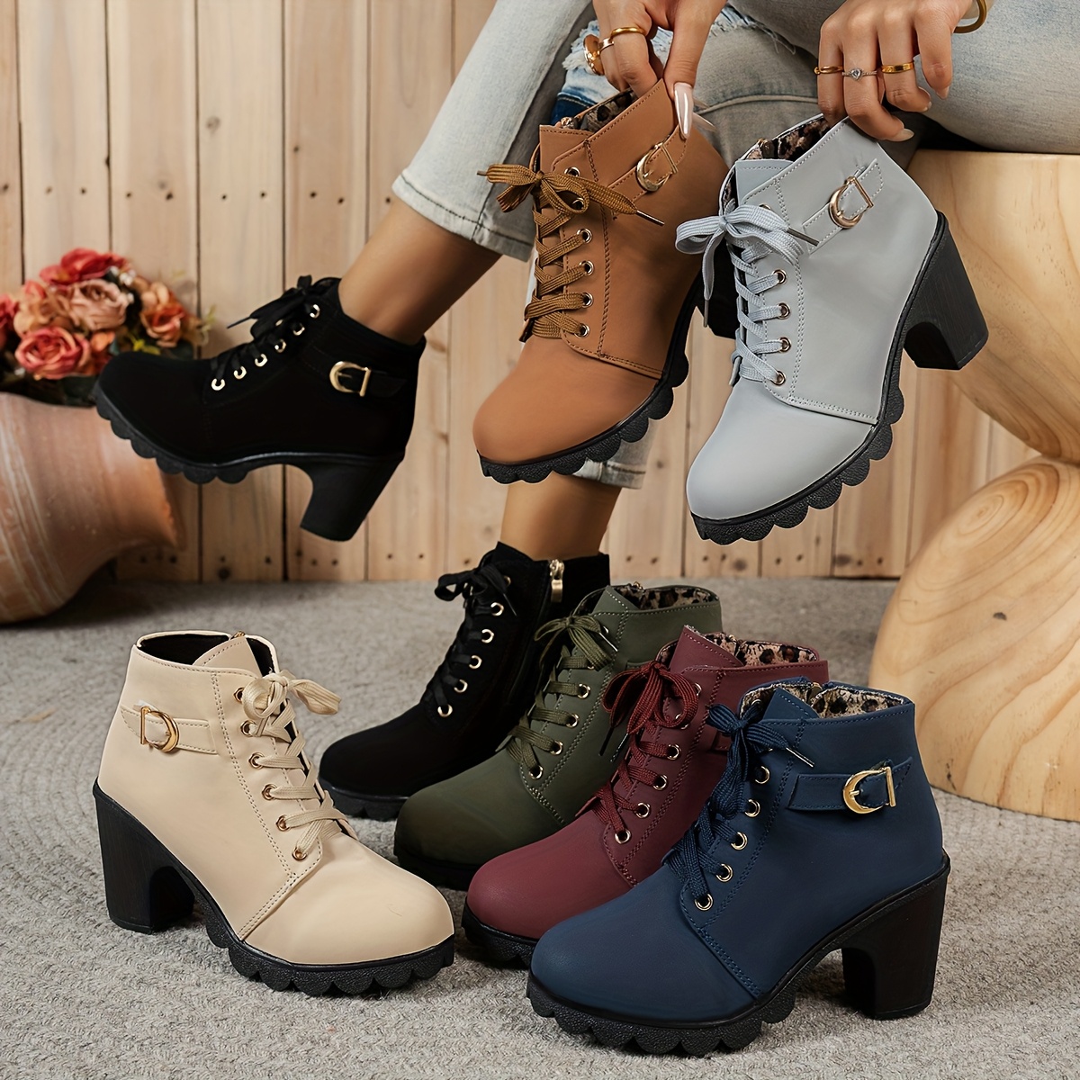 Women'S Chunky Heel Ankle Boots - Casual Lace-Up with Side Zipper, Round  Toe PU Cover Boots in Black, Brown, Olive Green, And Burgundy, Comfortable  Fabric Lining for * Wear, Versatile Footwear | ...