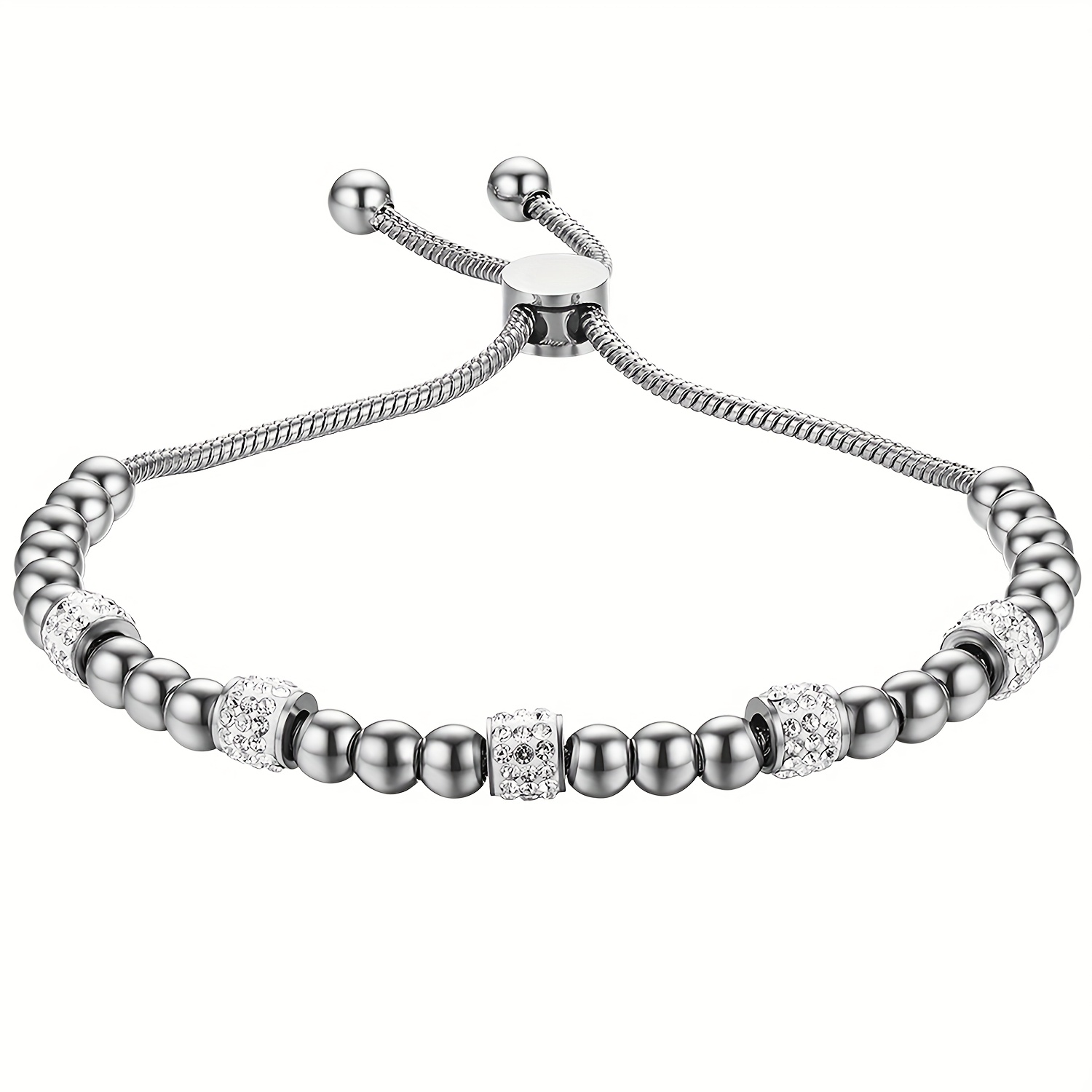 A Chic And Elegant Stainless Steel Bracelet With Beads, Featuring An Adjustable Length, Perfect For Anyone Of Gender
