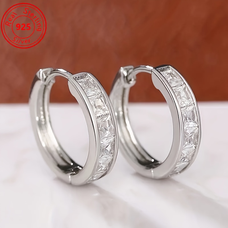 

1 Pair Elegant 925 Sterling Silver Hoop Earrings With Zirconia, Hypoallergenic Round Design, Luxurious Engagement & Wedding Jewelry For Women