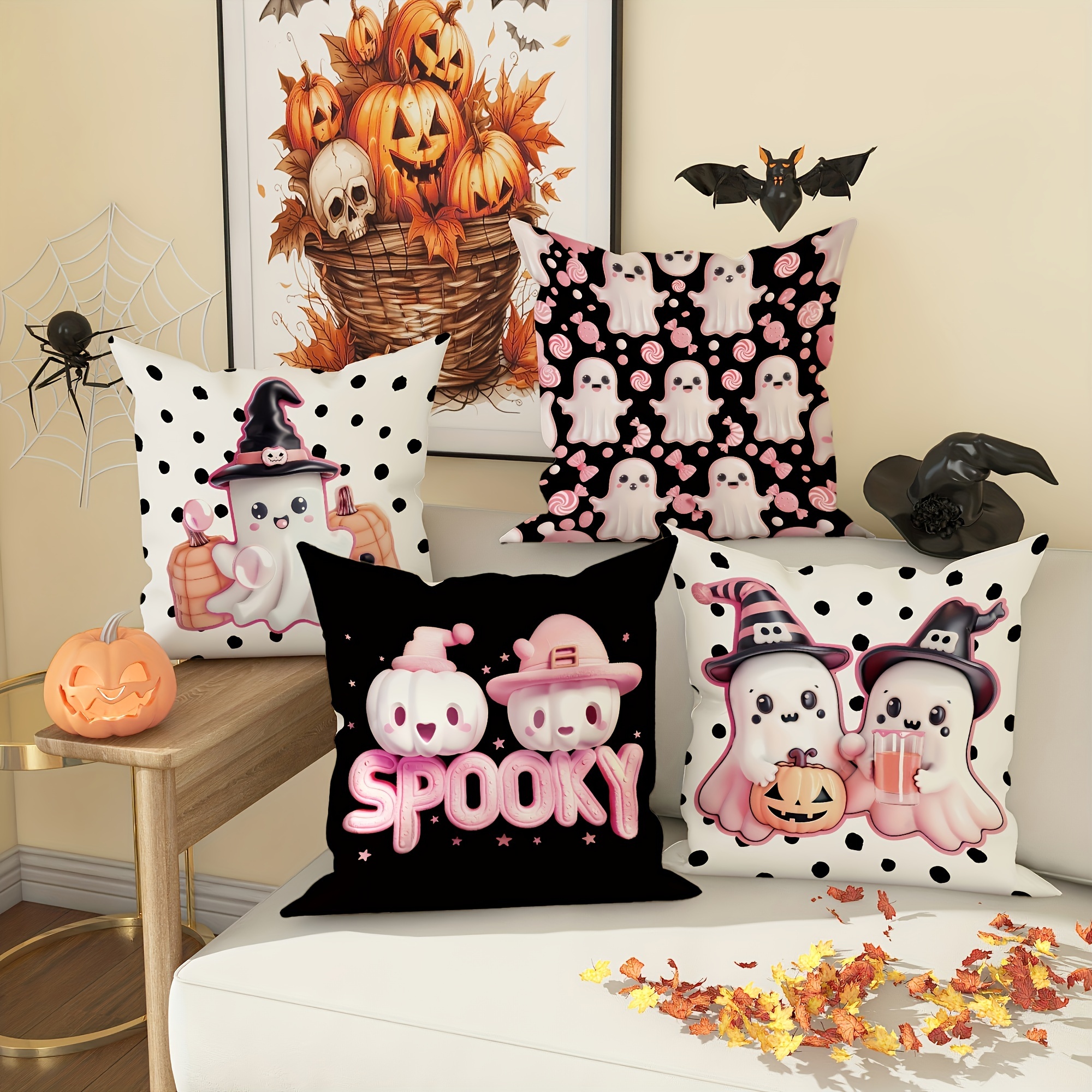 

Throw Pillow Covers Set Of 4 - Contemporary Witch Pumpkin Lollipop Candy Polka Dots Design Cushion Case, Machine Washable, Geometric Zippered Covers, Woven Polyester For Home Office Sofa Decor