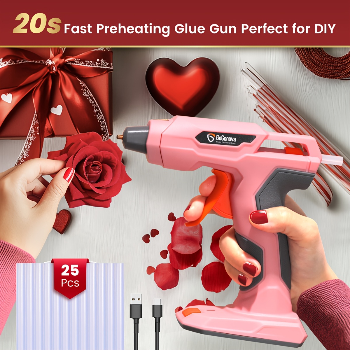 TEMU Gogonova Cordless Glue Gun, Usb Rechargeable, 25 Glue Sticks Included, Diy Crafts, , Christmas Gifts, Halloween Craft, Pumpkin Decoration, Glue