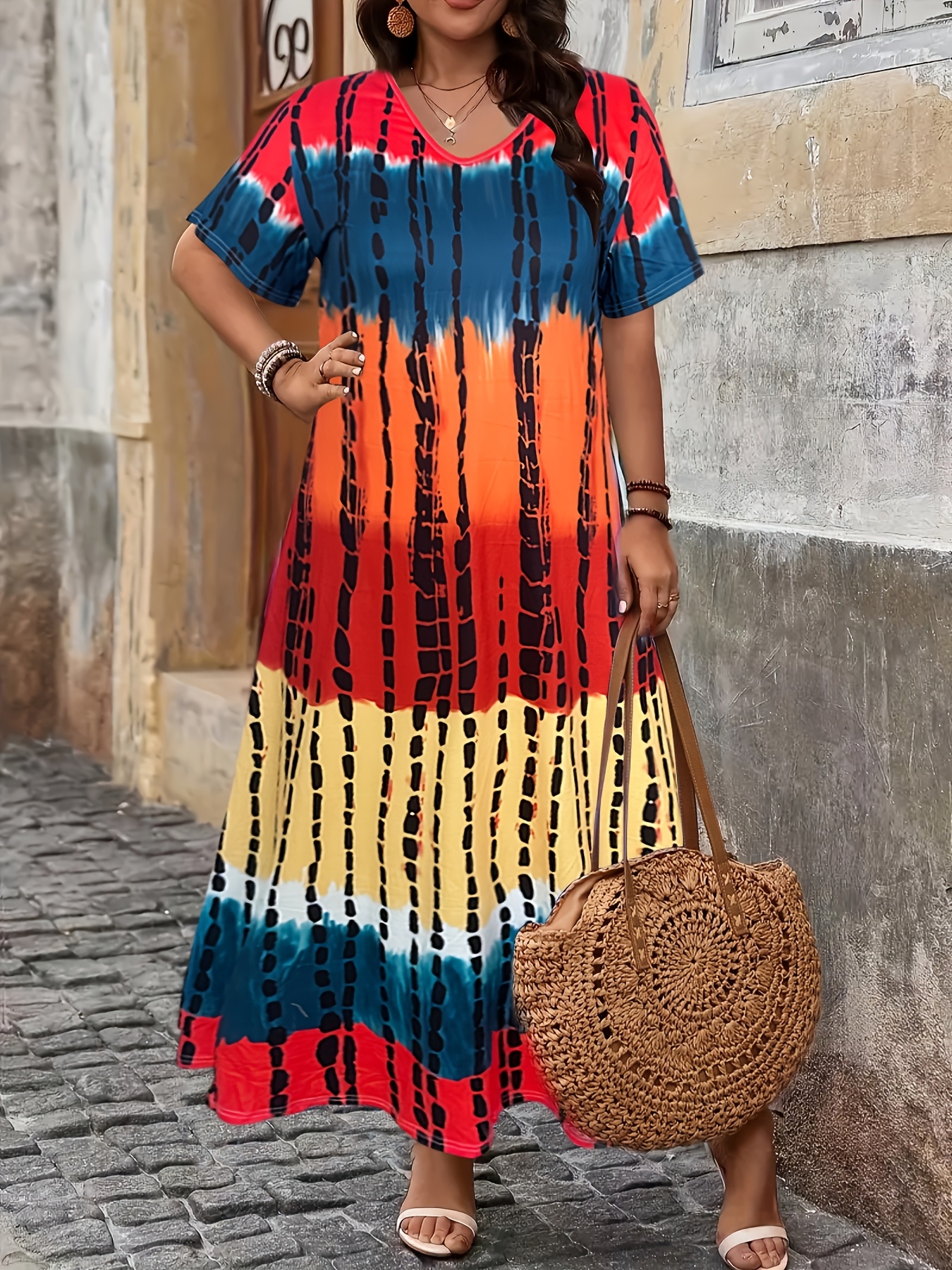 plus size womens casual v neck tie dye dress - Temu Australia
