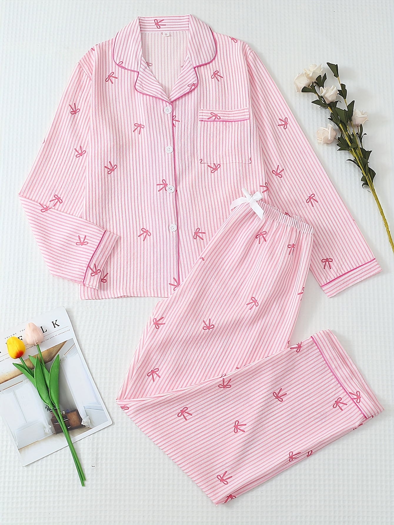 2pcs womens autumn and winter striped bowknot print long sleeve button up top and long pants pajama loungewear for home