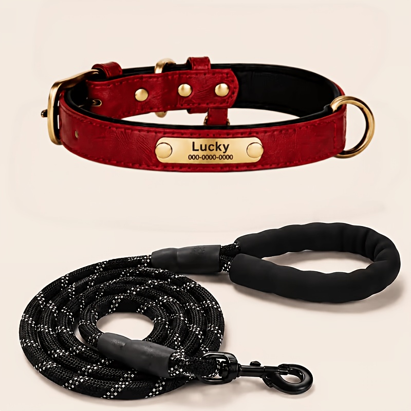 2pcs Personalized Synthetic Leather Dog Collar Set with ID Tags