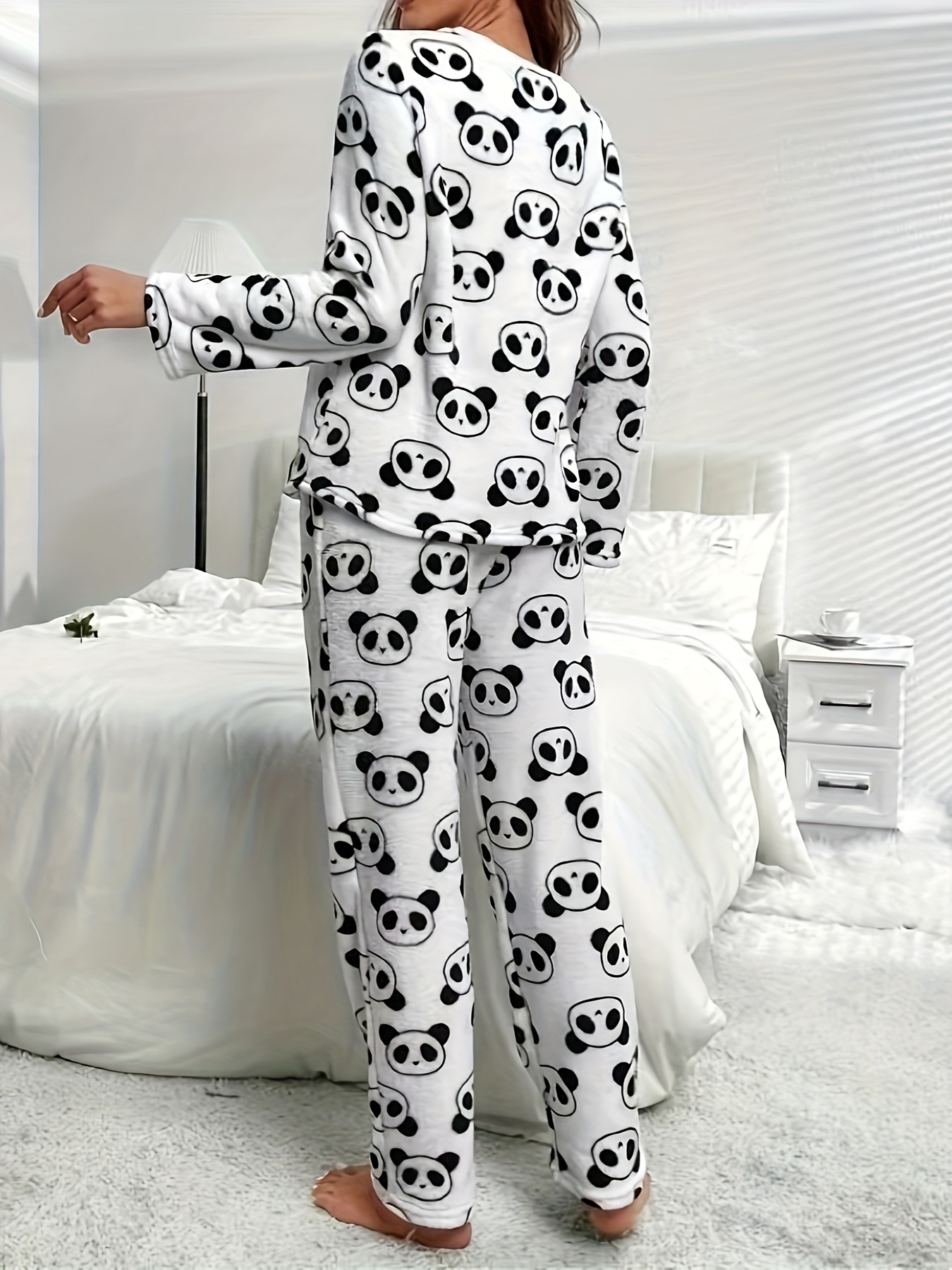 womens cute cartoon panda print fleece thick pajama set long