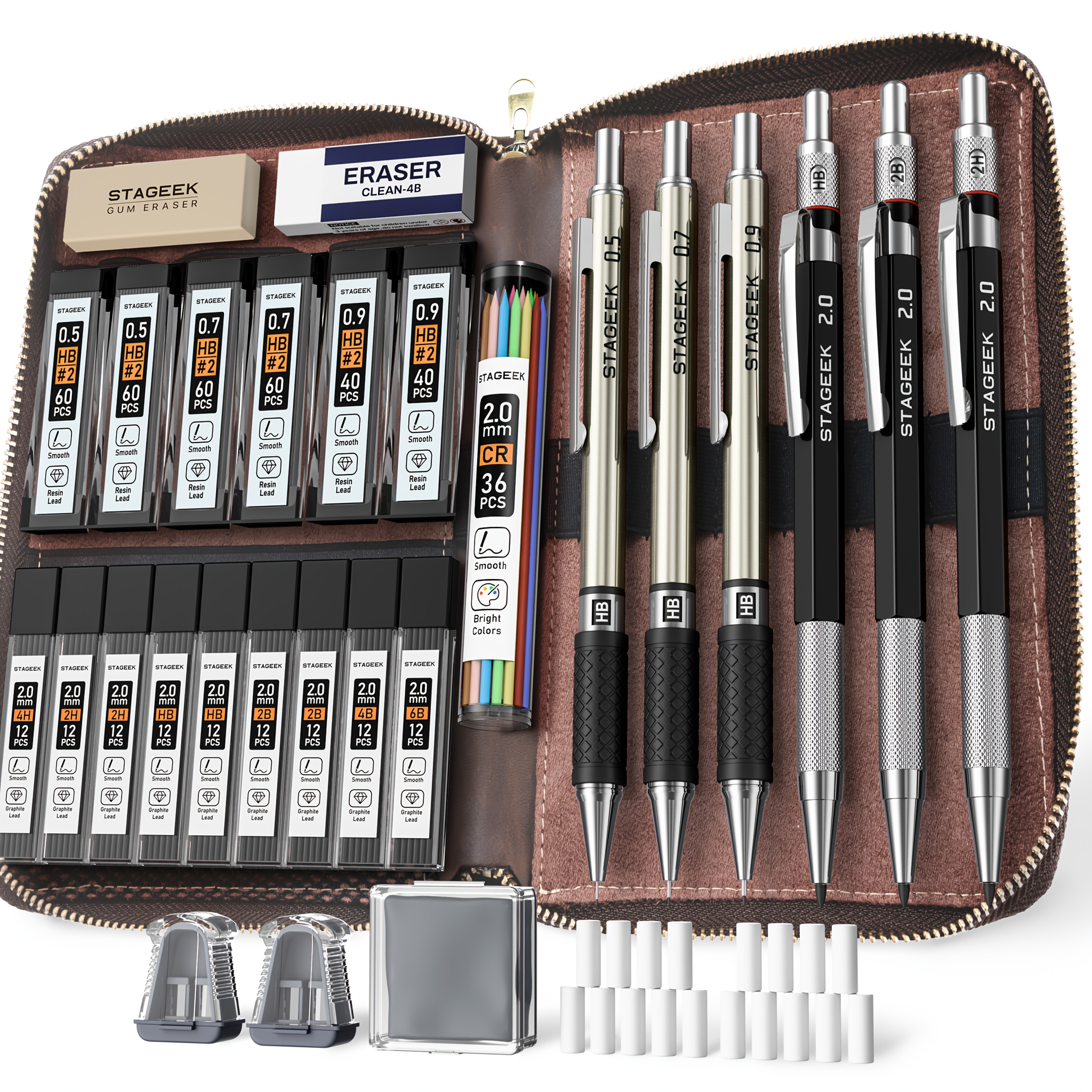 E-shop STAGEEK Komplettes Kunststück Metallmechanisches Bleistiftset mit Etui - 16 Graphitstift-Ersatzstücke (0,5, 0,7, 0,9, 2mm), Ideal zum Zeichnen