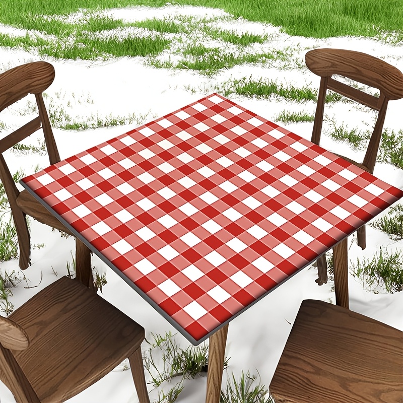 TEMU 1pc Square Fitted Tablecloth With A Gingham Checkered Plaid Design, Elastic For Outdoor Use. This Wipeable Table Cover Is Suitable For Picnics,