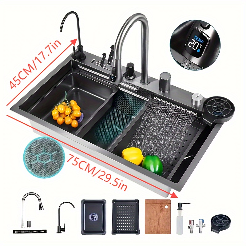modern workstation sink with a single bowl featuring a stainless     honeycomb   and a multifunctional pull down faucet