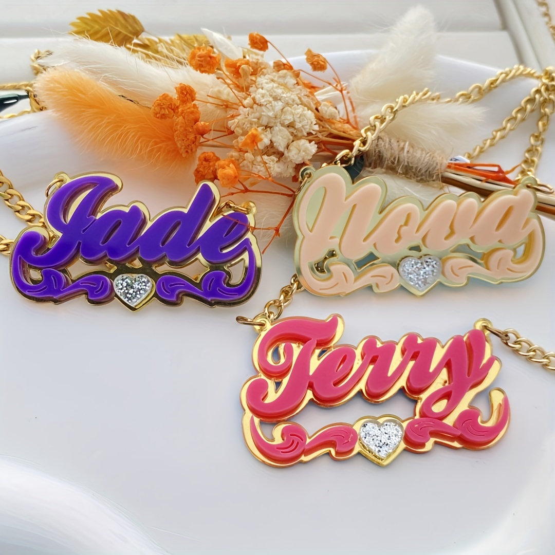 

Customized Boho Acrylic Name Necklace, Personalized Hip Hop Style Nameplate Pendant With Glitter Heart Design, Unique Jewelry Gifts For Women