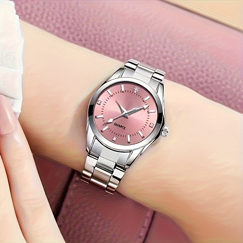TEMU ' -encrusted Watch With Stainless Steel Strap & Quartz Movement - Elegant Minimalist Round Wristwatch Suitable For Business, Daily Wear, Special