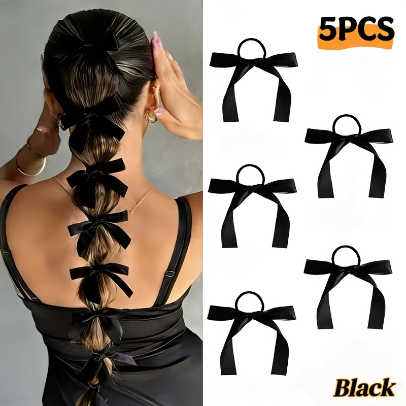 TEMU Set Of 5 Women's Burgundy Bow And Black Hair Ties, Vintage And Elegant Elastic Hair Additions Suitable For Everyday Use And Parties, Perfect For
