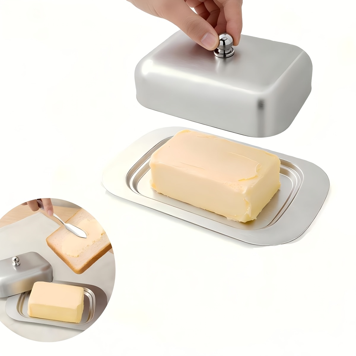 1pc butter dish with lid durable stainless steel material sealed butter keeper container easy to clean suitable for countertop and refrigerator   and easy to   fit for standard butter sticks suitable for  