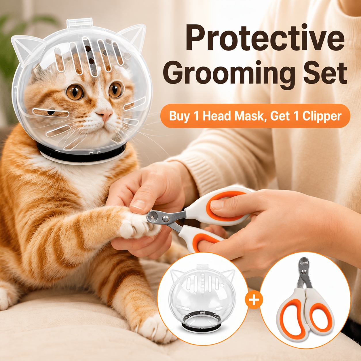 TEMU 1+1 Capuche Espace pour Chat Transparente, Respirante et -mâchouillage, Inclut un Coupe-ongles pour Griffes de Chat à Trou Rond et des